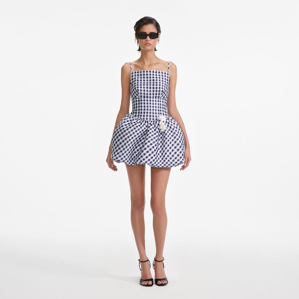 Self Portrait Navy Gingham Taffeta Mini Dress CLOTHING