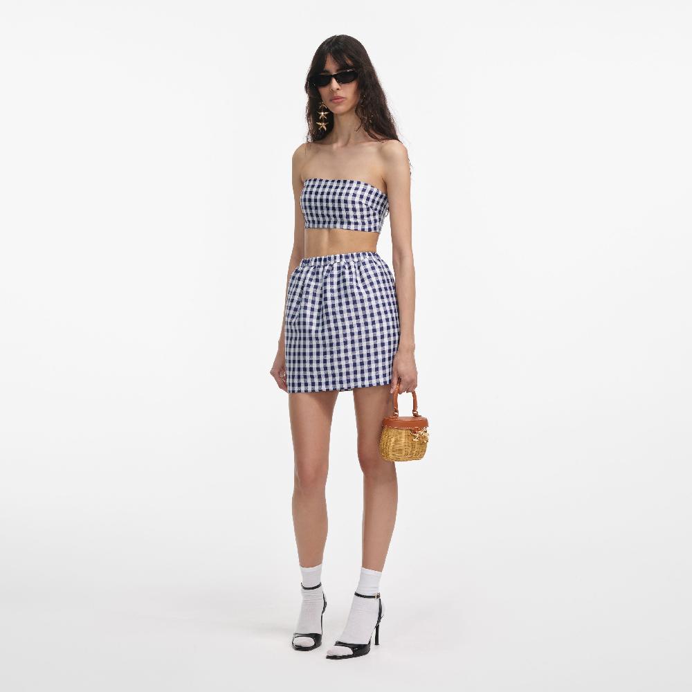 Self Portrait Navy Gingham Taffeta Mini Skirt CLOTHING