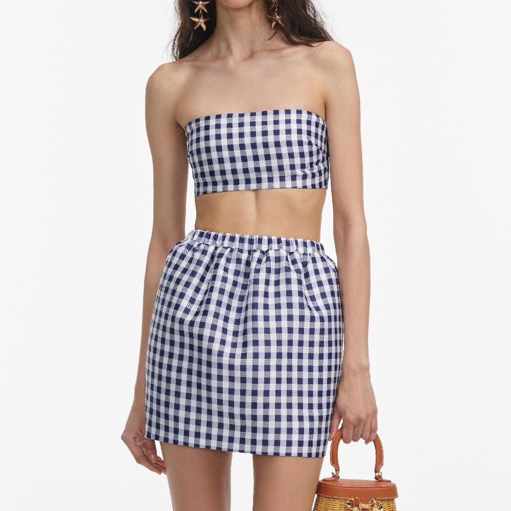 Self Portrait Navy Gingham Taffeta Mini Skirt CLOTHING