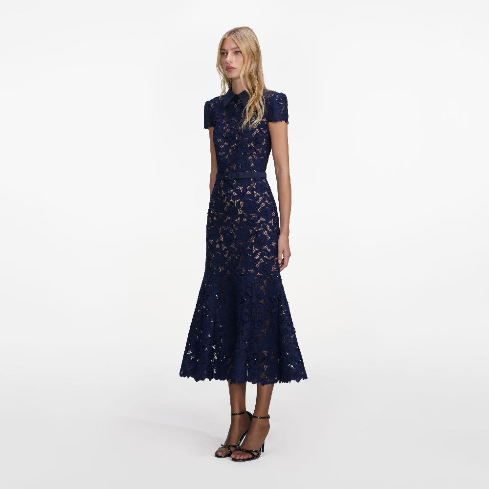 Self Portrait Navy Guipure Lace Midi Dress CLOTHING