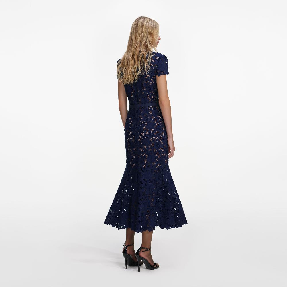 Self Portrait Navy Guipure Lace Midi Dress CLOTHING