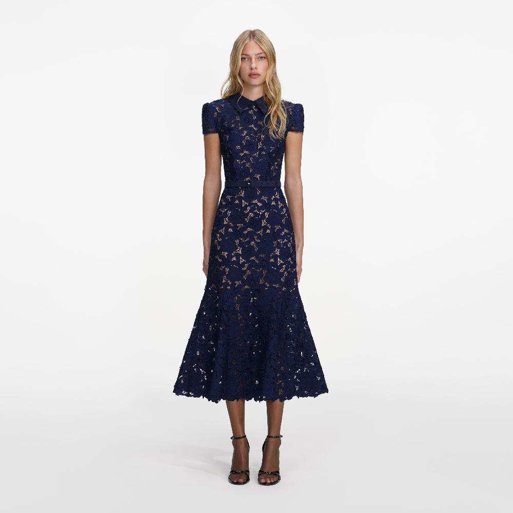 self portrait Navy Guipure Lace Midi Dress CLOTHING
