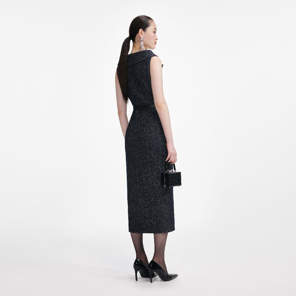 Self Portrait Navy Herringbone Wool Midi Dress CLOTHING