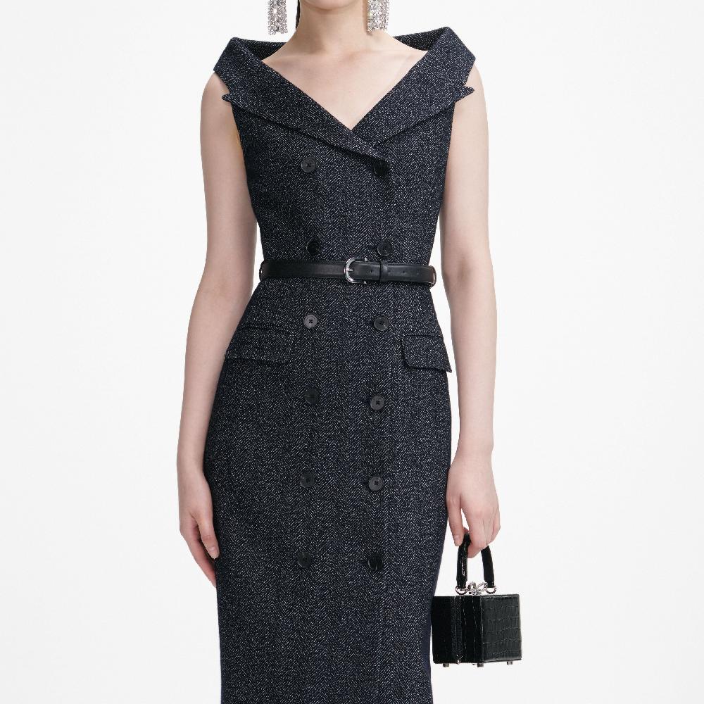 Self Portrait Navy Herringbone Wool Midi Dress CLOTHING