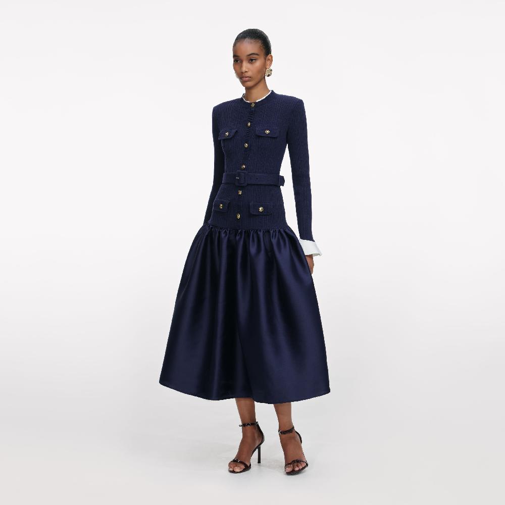 Self Portrait Navy Knit Taffeta Midi Dress CLOTHING