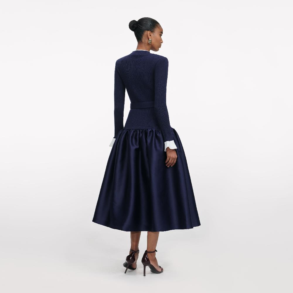 Self Portrait Navy Knit Taffeta Midi Dress CLOTHING