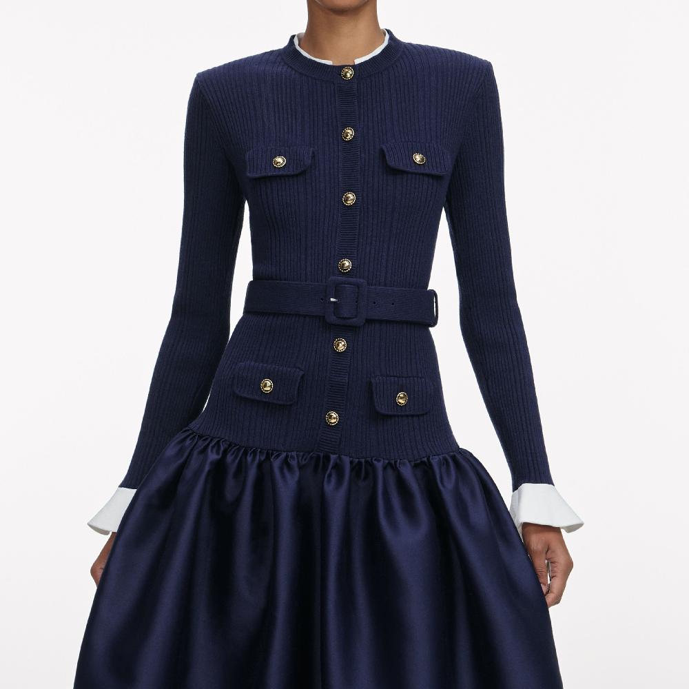 Self Portrait Navy Knit Taffeta Midi Dress CLOTHING