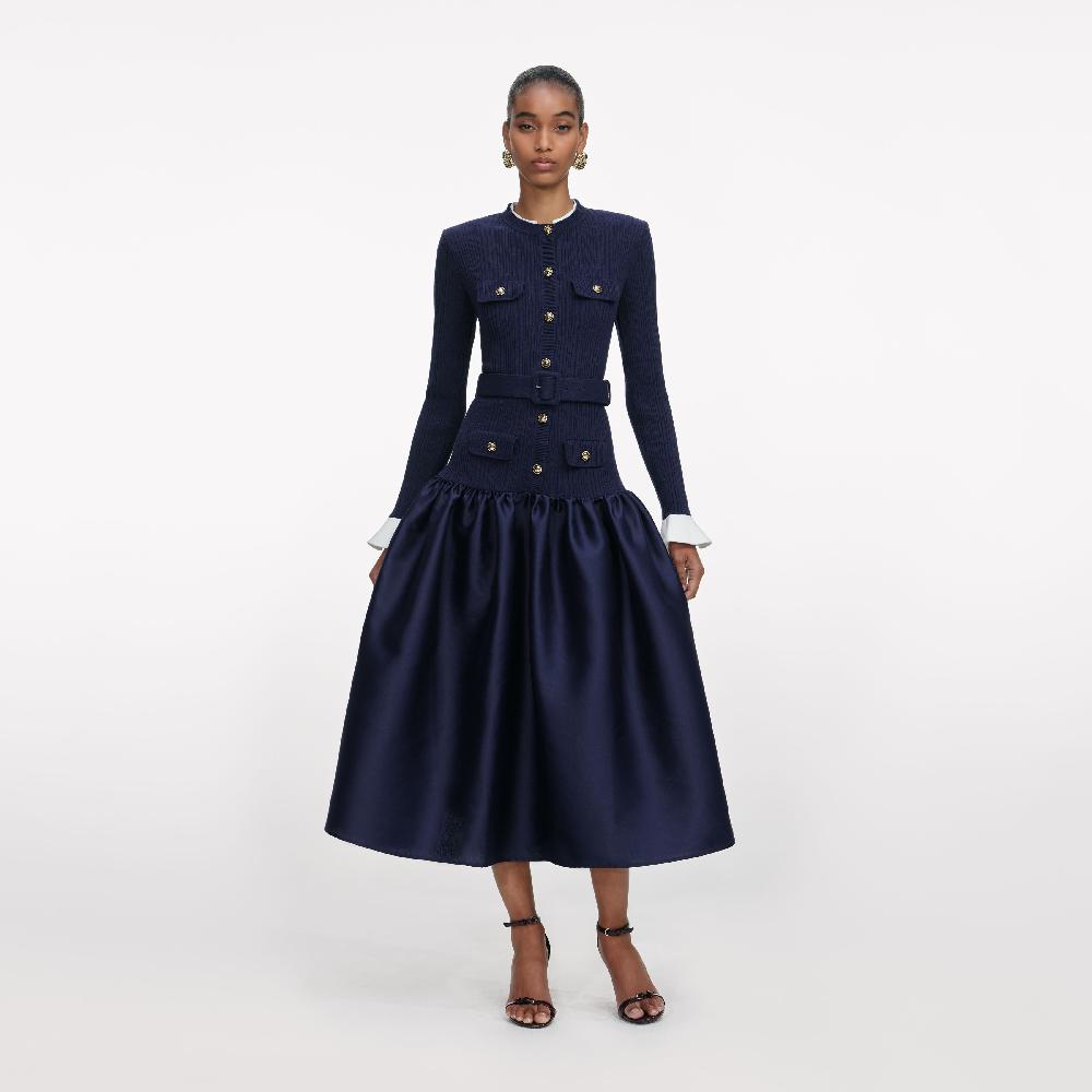 self portrait Navy Knit Taffeta Midi Dress CLOTHING