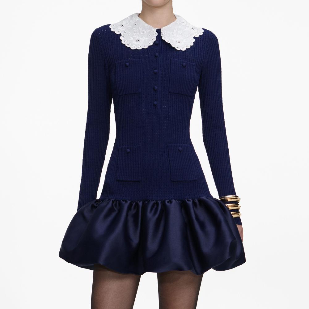 Self Portrait Navy Knit Taffeta Mini Dress CLOTHING