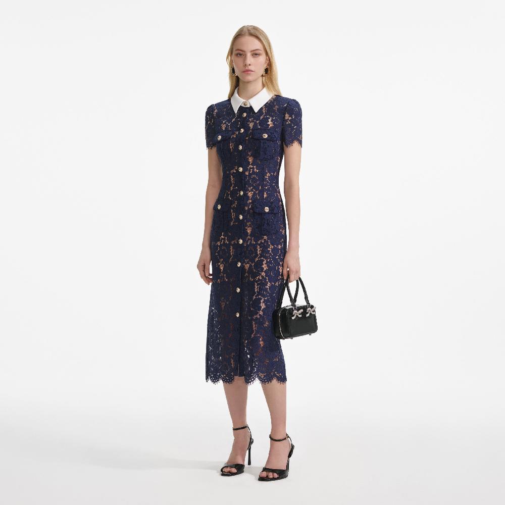 Self Portrait Navy Lace Contrast Collar Midi Dress CLOTHING
