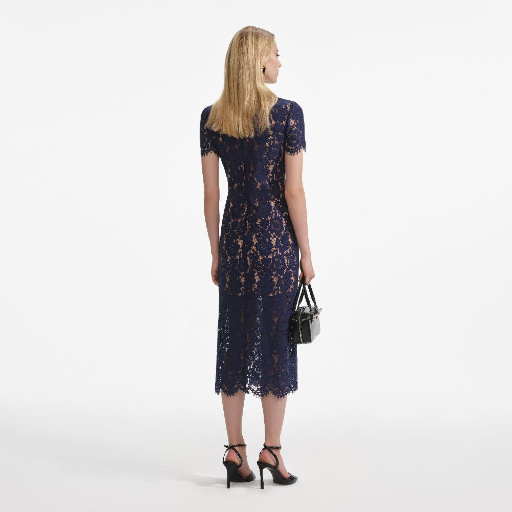 Self Portrait Navy Lace Contrast Collar Midi Dress CLOTHING