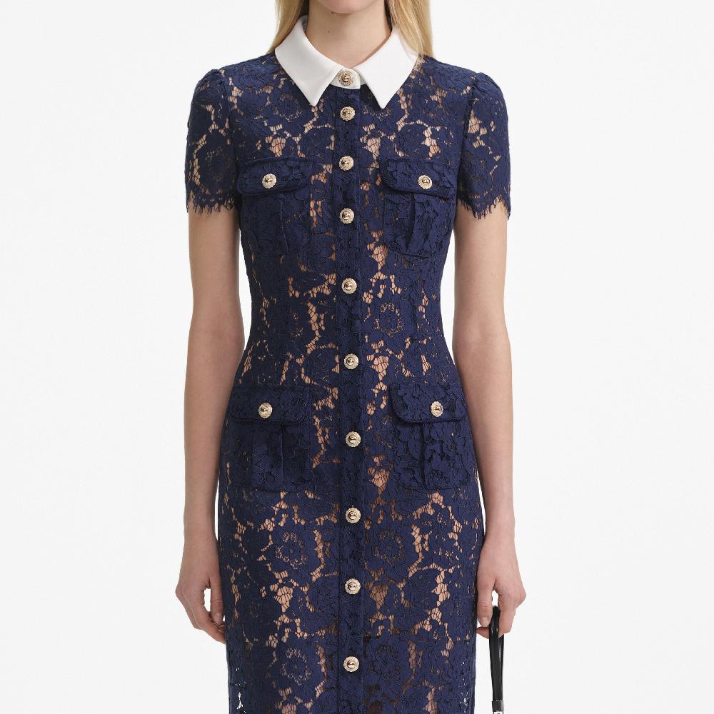 Self Portrait Navy Lace Contrast Collar Midi Dress CLOTHING