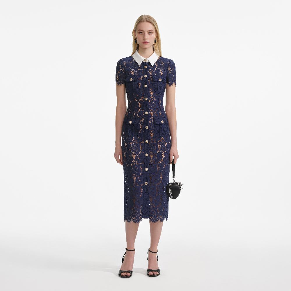 self portrait Navy Lace Contrast Collar Midi Dress CLOTHING