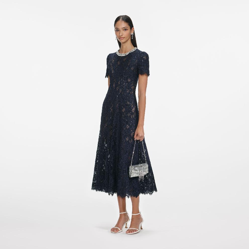 Self Portrait Navy Lace Embellished Midi Dress CLOTHING