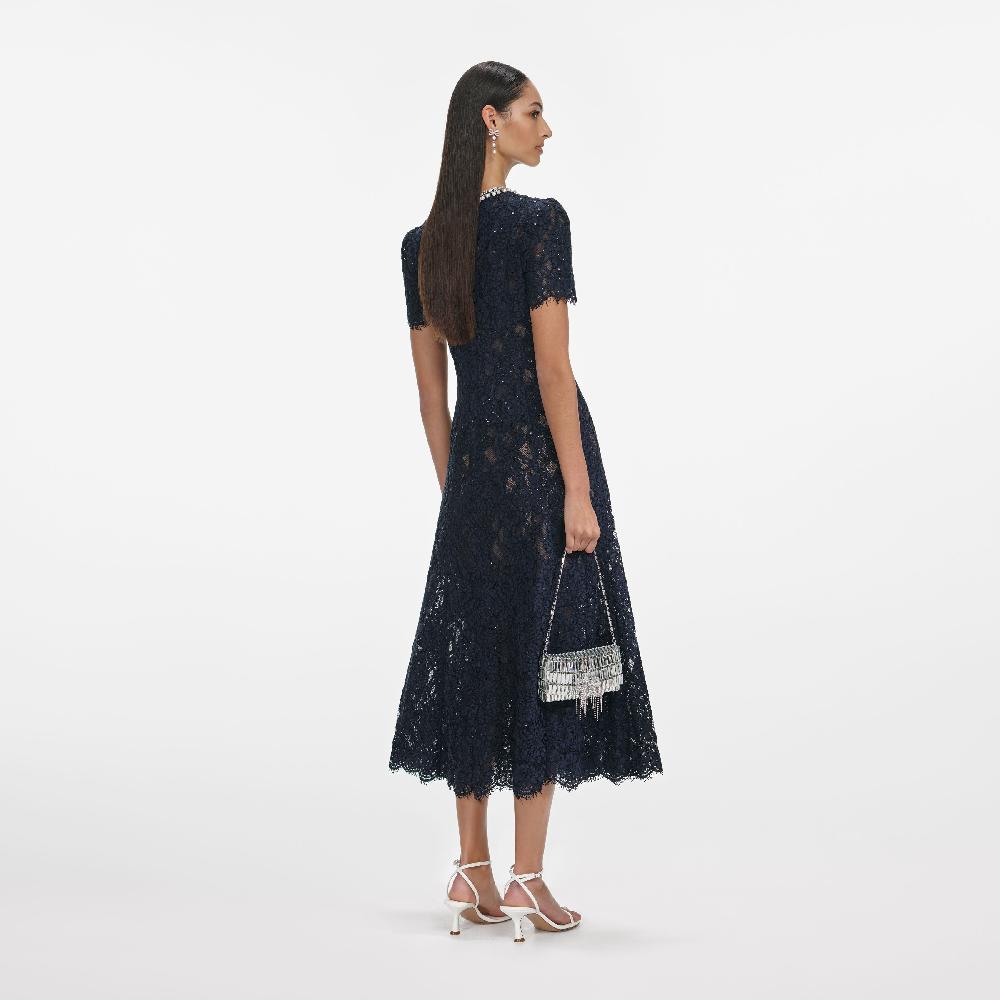Self Portrait Navy Lace Embellished Midi Dress CLOTHING
