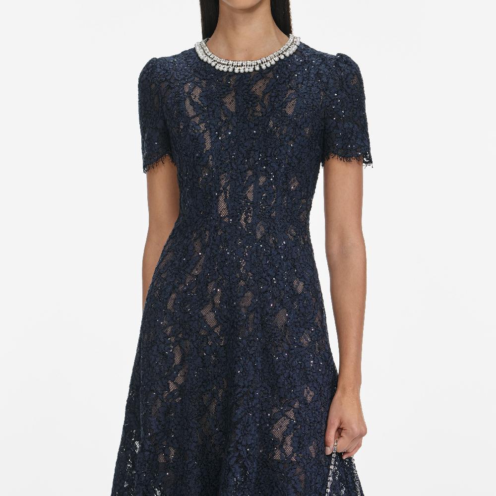 Self Portrait Navy Lace Embellished Midi Dress CLOTHING
