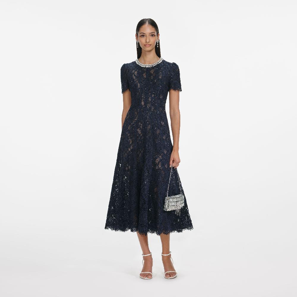 Self Portrait Navy Lace Embellished Midi Dress CLOTHING