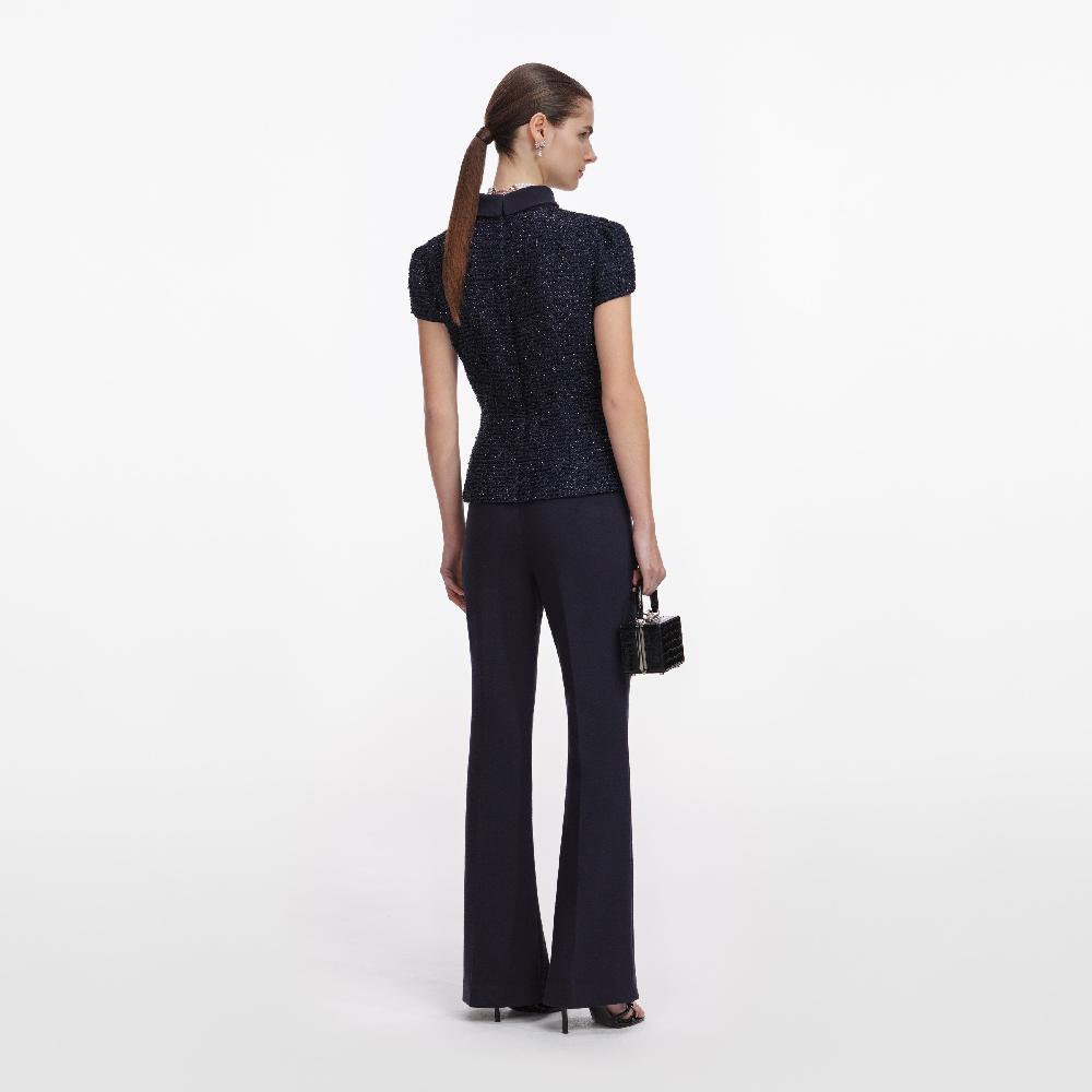 Self Portrait Navy Metallic Boucle Jumpsuit CLOTHING