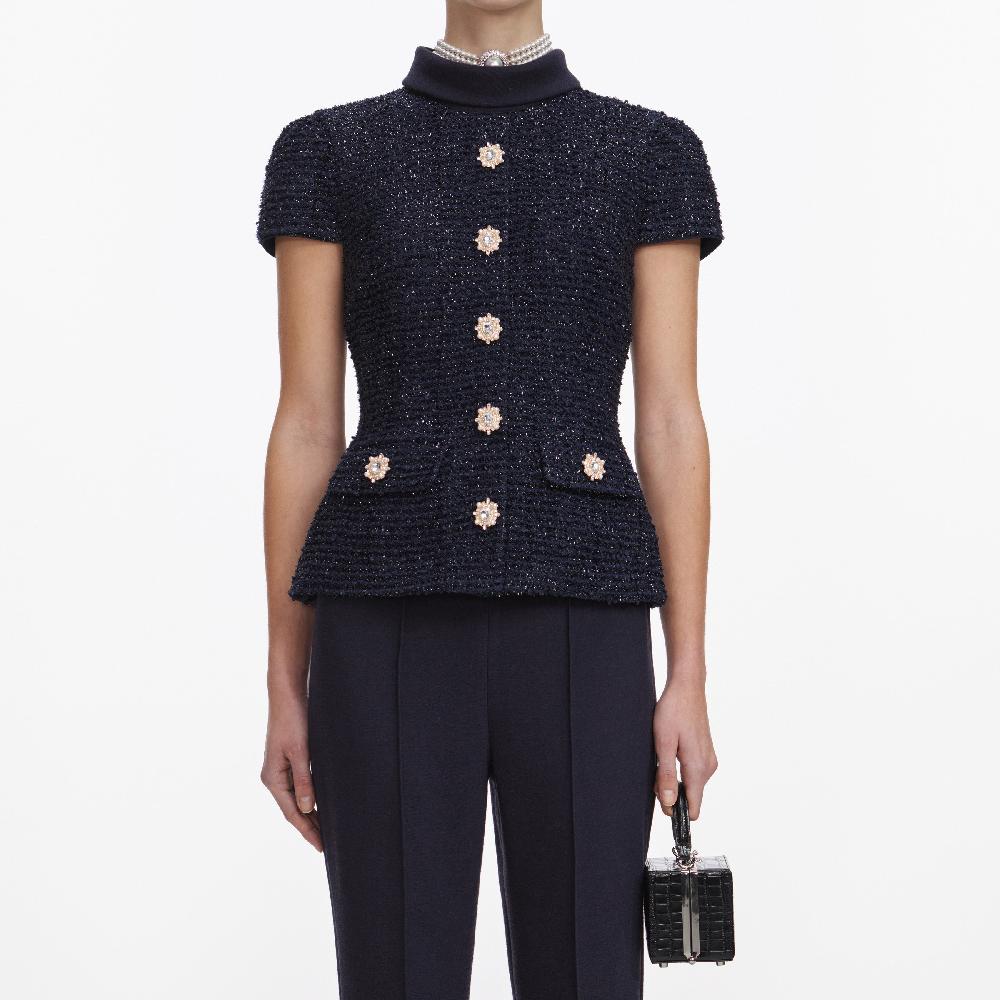 Self Portrait Navy Metallic Boucle Jumpsuit CLOTHING