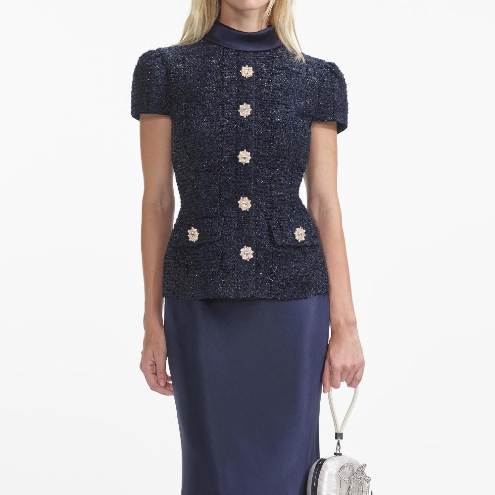 Self Portrait Navy Metallic Boucle Maxi Dress CLOTHING