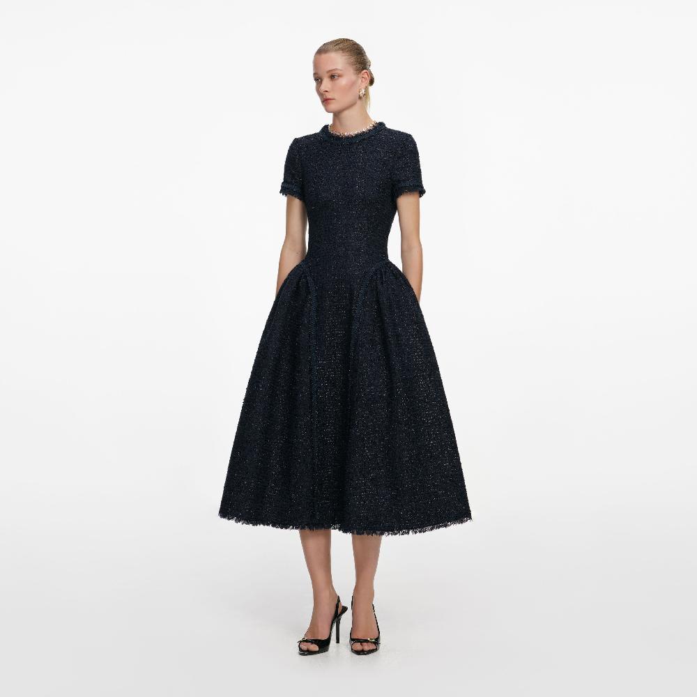 Self Portrait Navy Metallic Boucle Midi Dress CLOTHING