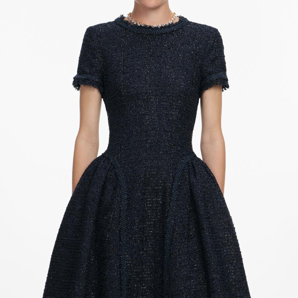 Self Portrait Navy Metallic Boucle Midi Dress CLOTHING