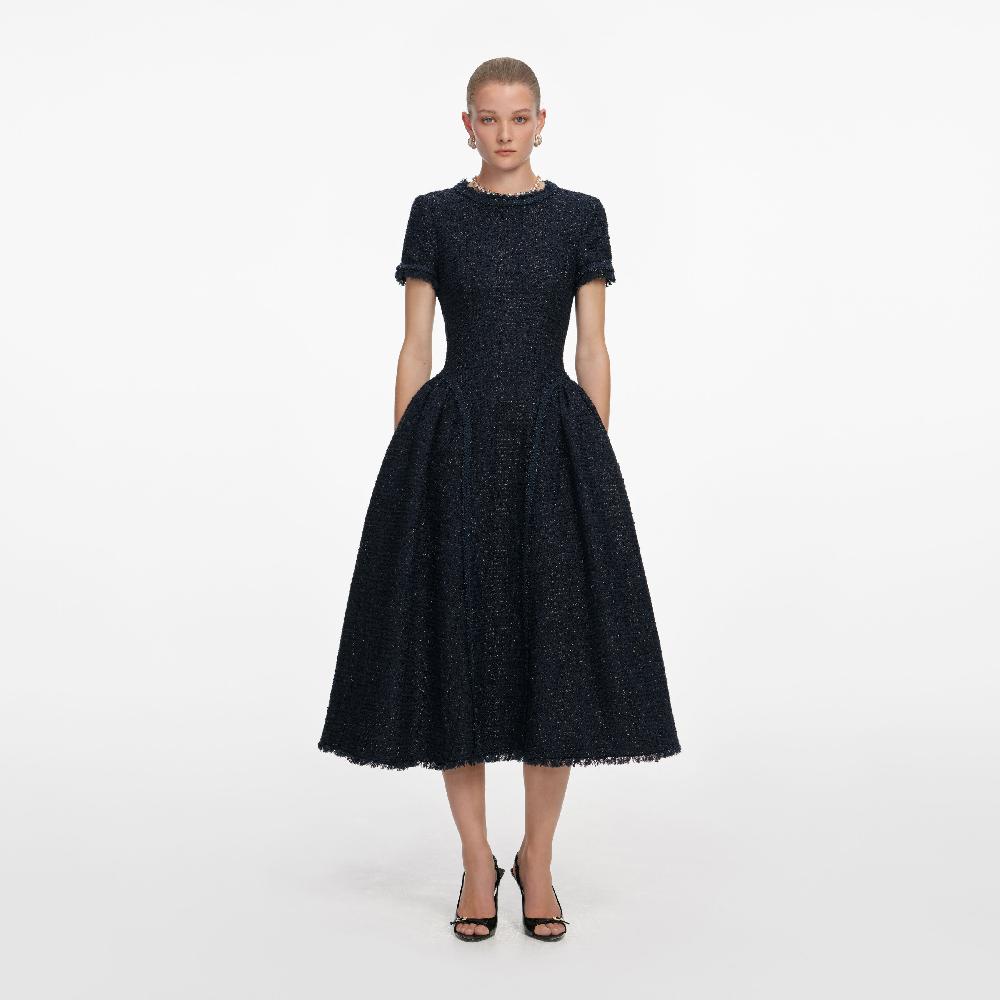 self portrait Navy Metallic Boucle Midi Dress CLOTHING