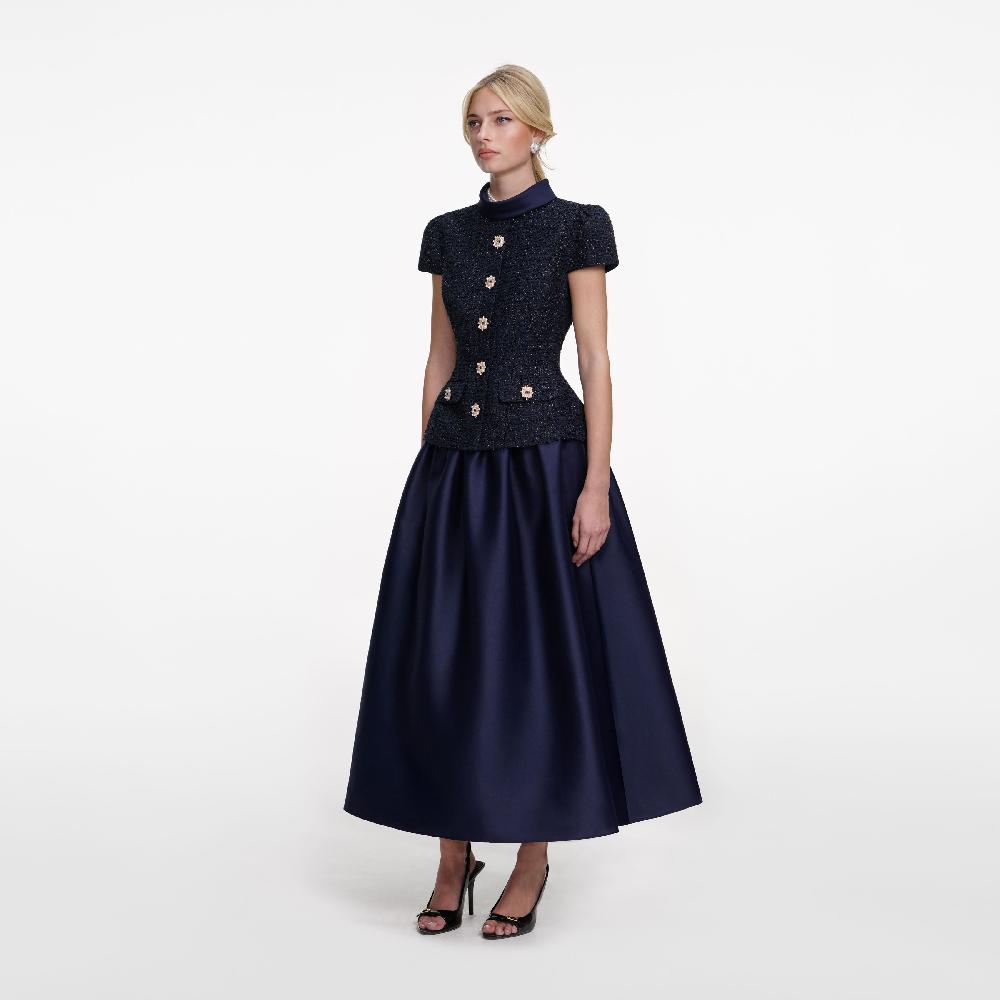 Self Portrait Navy Metallic Boucle Taffeta Midi Dress CLOTHING