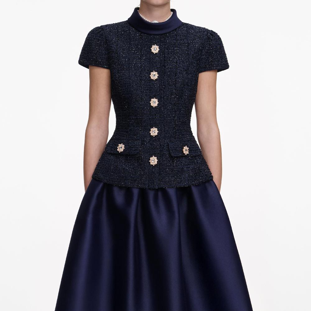 Self Portrait Navy Metallic Boucle Taffeta Midi Dress CLOTHING