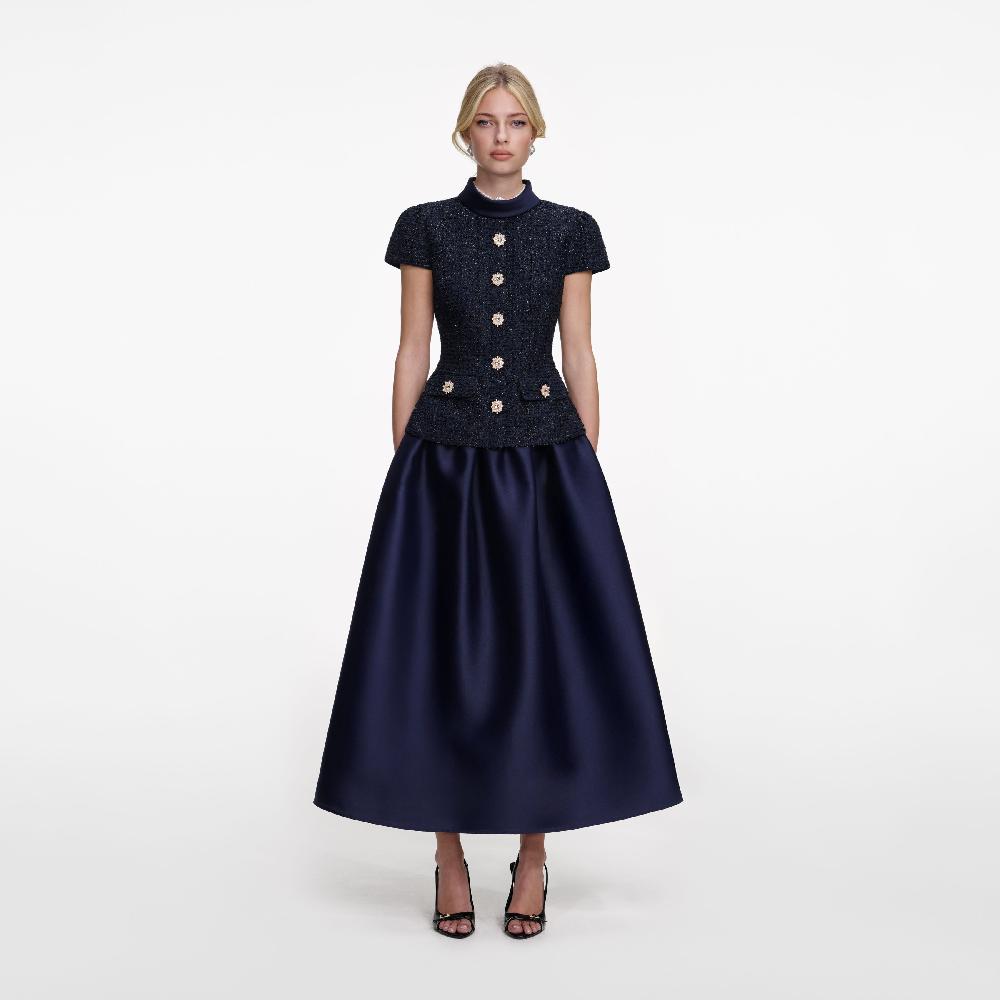 self portrait Navy Metallic Boucle Taffeta Midi Dress CLOTHING