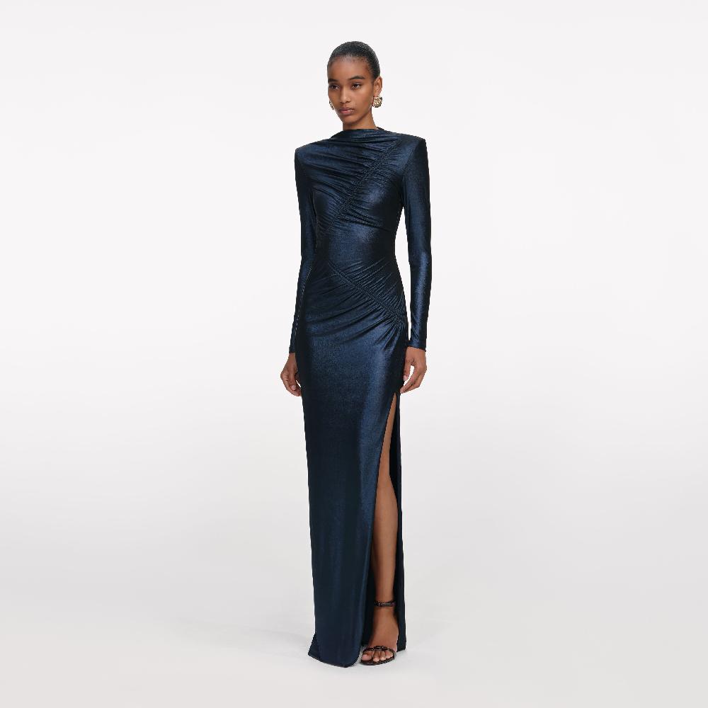 Self Portrait Navy Metallic Gathered Maxi Dress CLOTHING
