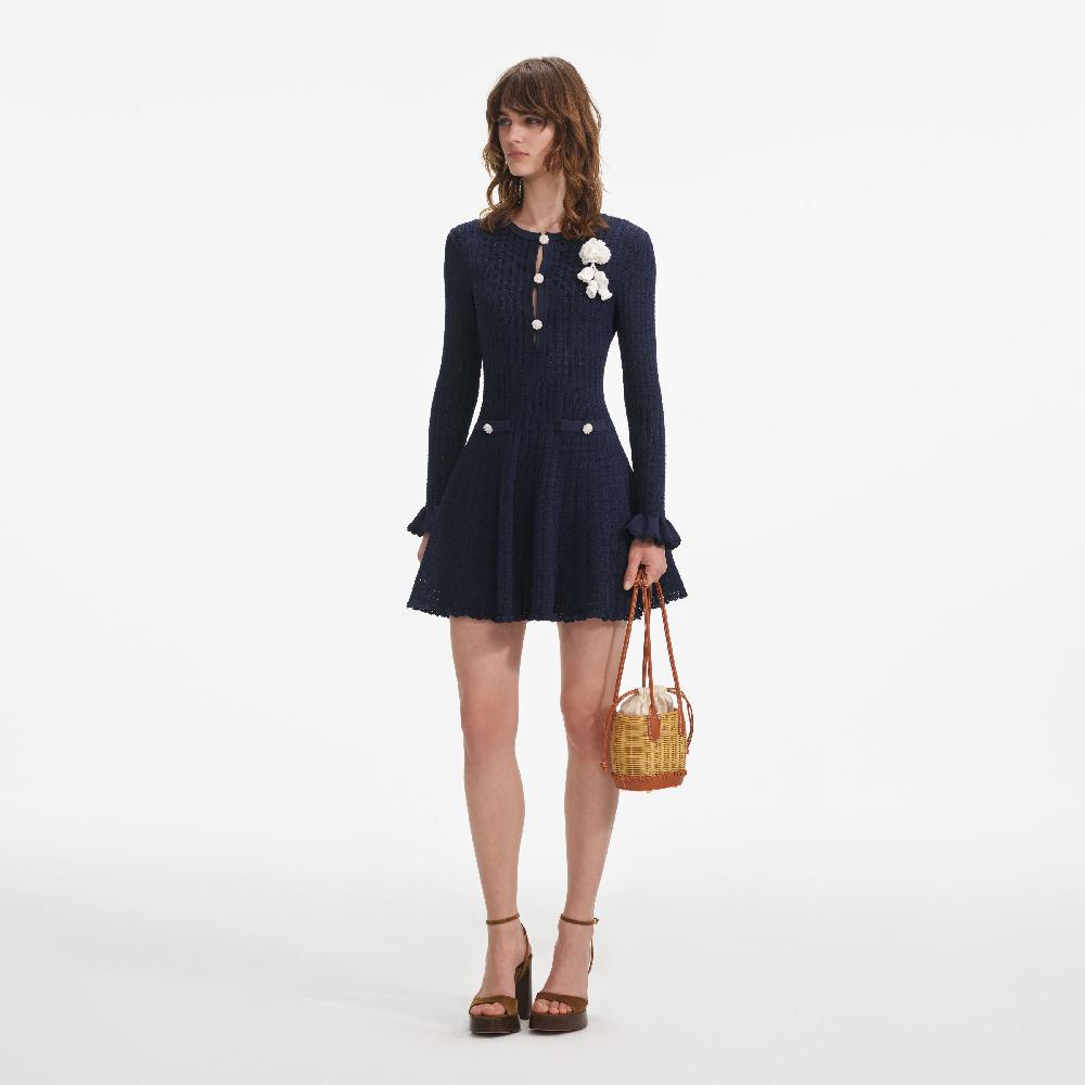 Self Portrait Navy Pointelle Knit Crochet Flower Mini Dress CLOTHING