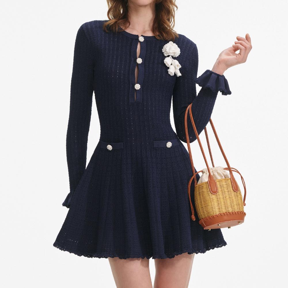 Self Portrait Navy Pointelle Knit Crochet Flower Mini Dress CLOTHING