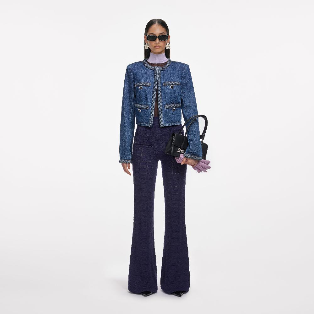 self portrait Navy Pointelle Knit Trousers CLOTHING