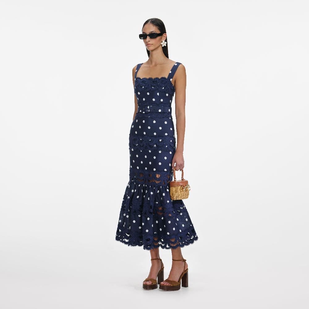Self Portrait Navy Polka Dot Linen Midi Dress CLOTHING
