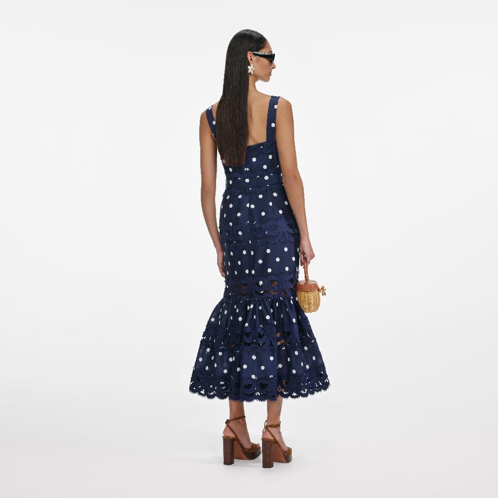 Self Portrait Navy Polka Dot Linen Midi Dress CLOTHING