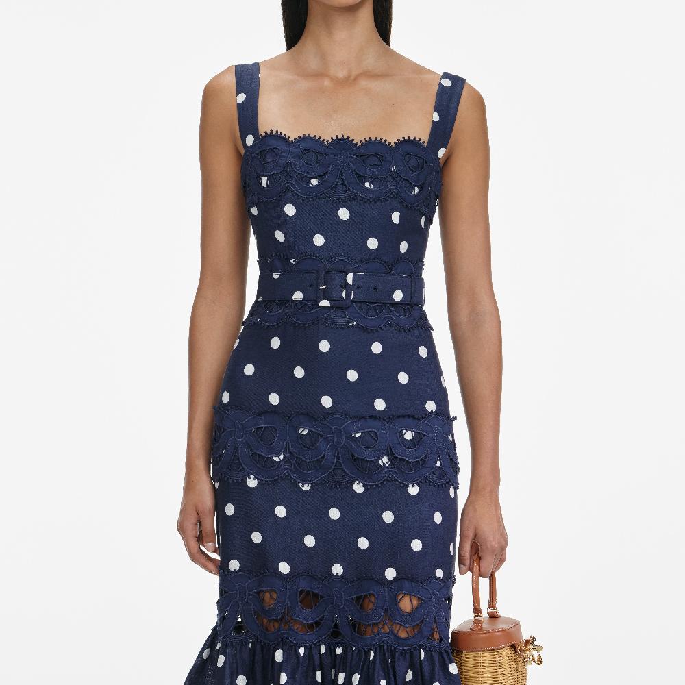 Self Portrait Navy Polka Dot Linen Midi Dress CLOTHING