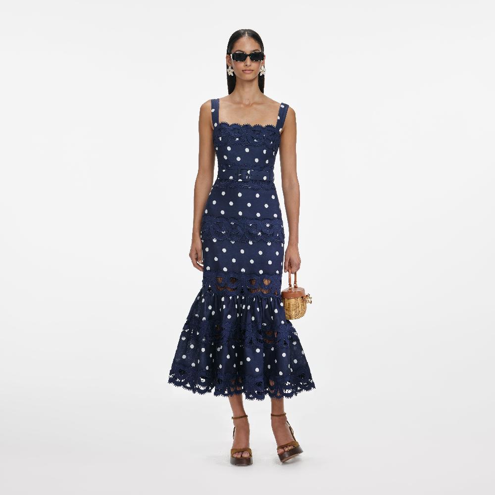 self portrait Navy Polka Dot Linen Midi Dress CLOTHING