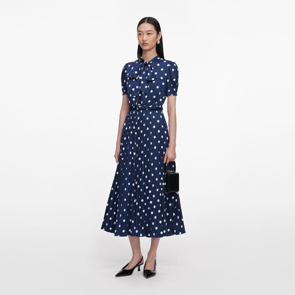 Self Portrait Navy Polka Dot Satin Midi Dress CLOTHING