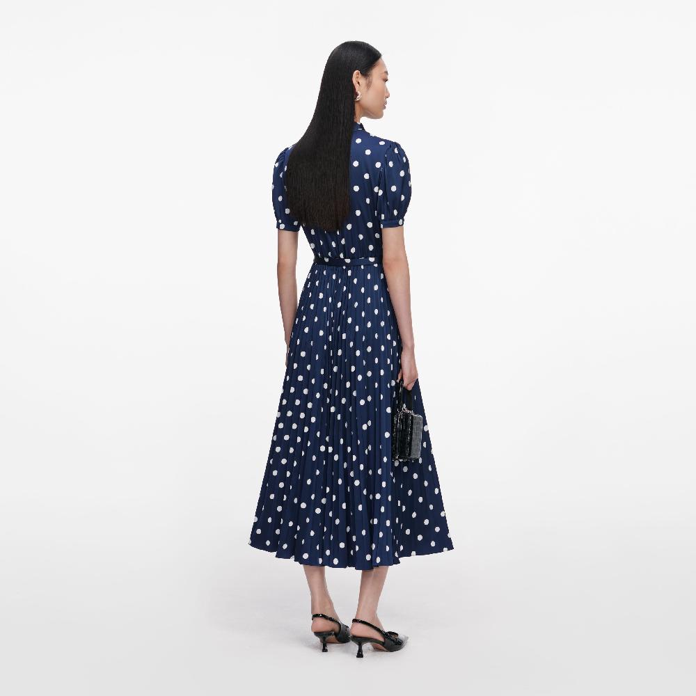 Self Portrait Navy Polka Dot Satin Midi Dress CLOTHING
