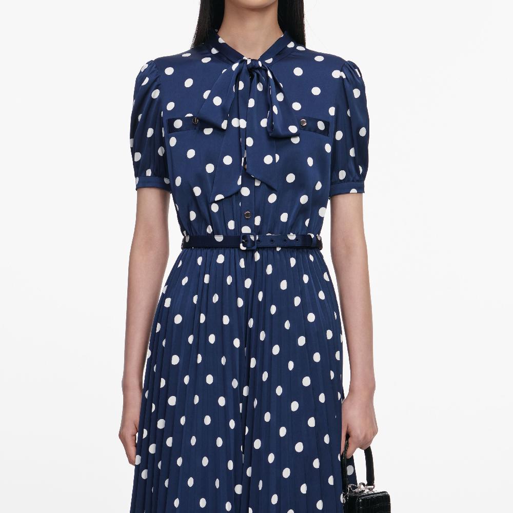 Self Portrait Navy Polka Dot Satin Midi Dress CLOTHING
