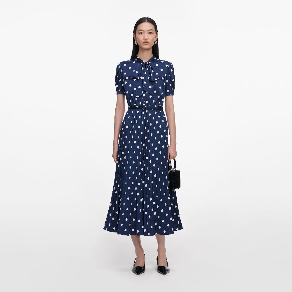 self portrait Navy Polka Dot Satin Midi Dress CLOTHING