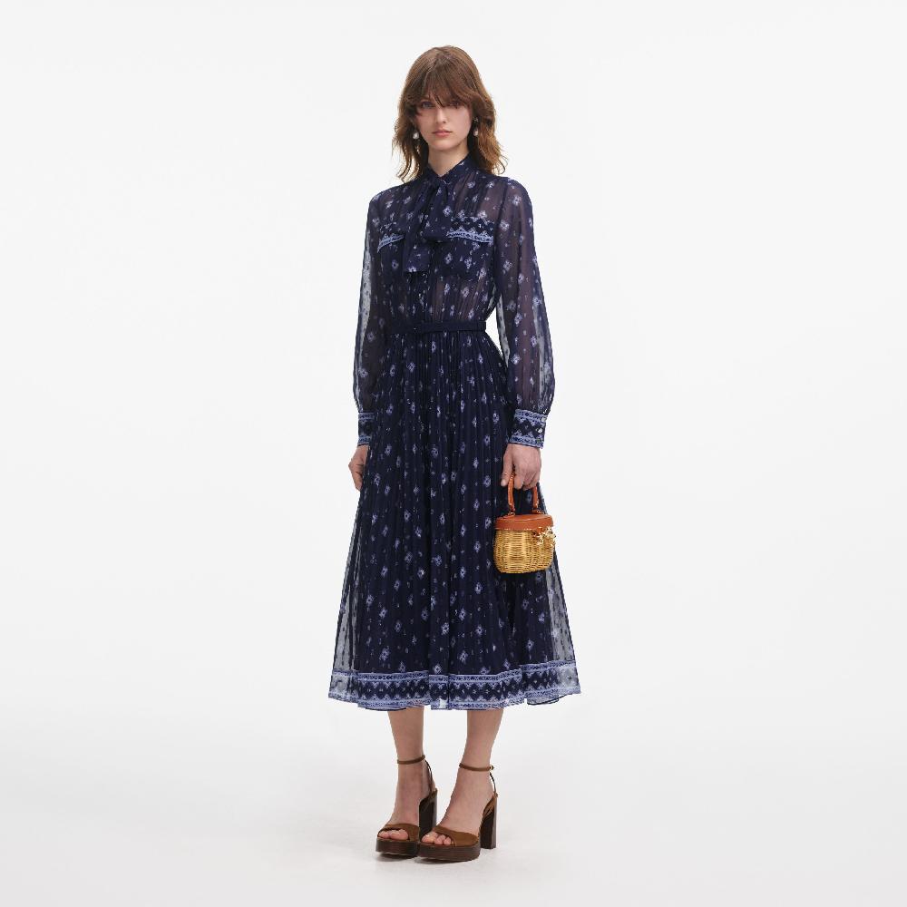 Self Portrait Navy Printed Chiffon Midi Dress CLOTHING