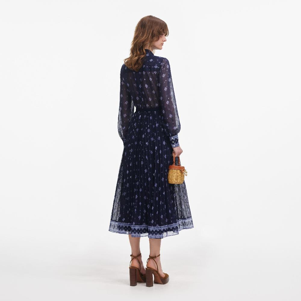 Self Portrait Navy Printed Chiffon Midi Dress CLOTHING