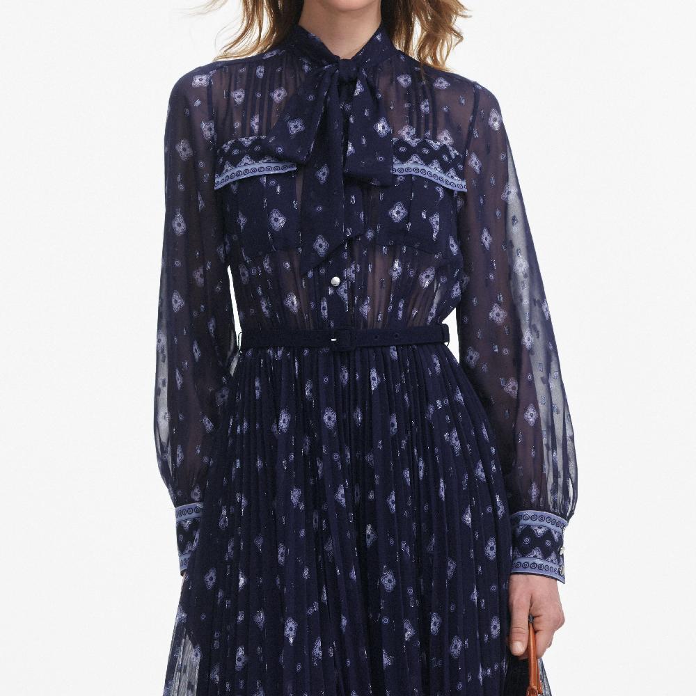 Self Portrait Navy Printed Chiffon Midi Dress CLOTHING