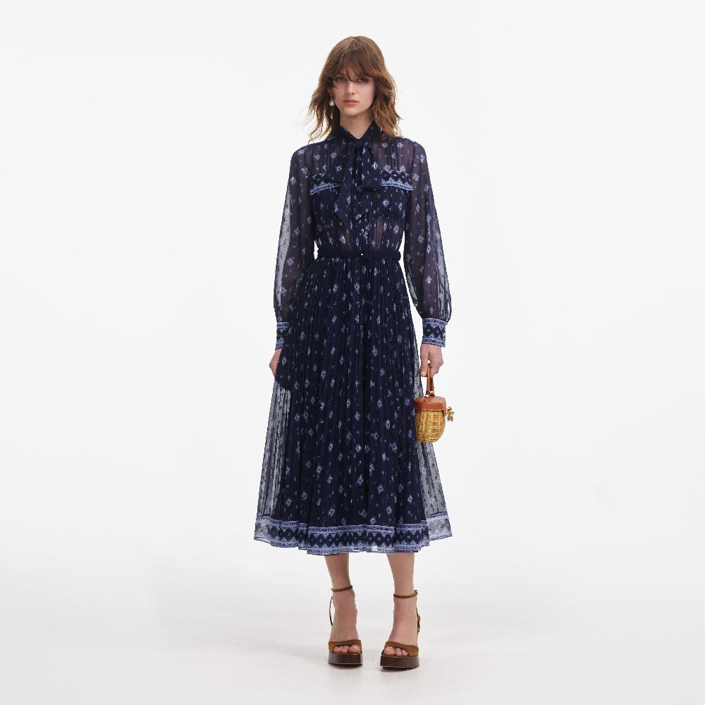 Self Portrait Navy Printed Chiffon Midi Dress CLOTHING