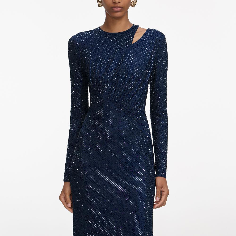 Self Portrait Navy Rhinestone Mesh Cut Out Maxi Dress CLOTHING