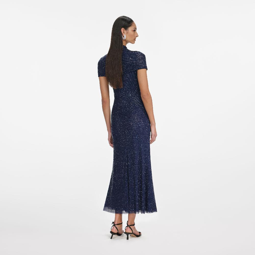 Self Portrait Navy Rhinestone Mesh Cut Out Midi Dress CLOTHING