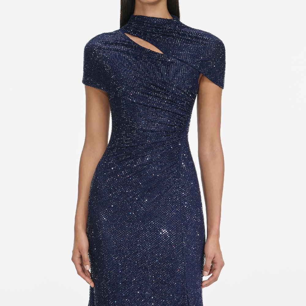 Self Portrait Navy Rhinestone Mesh Cut Out Midi Dress CLOTHING