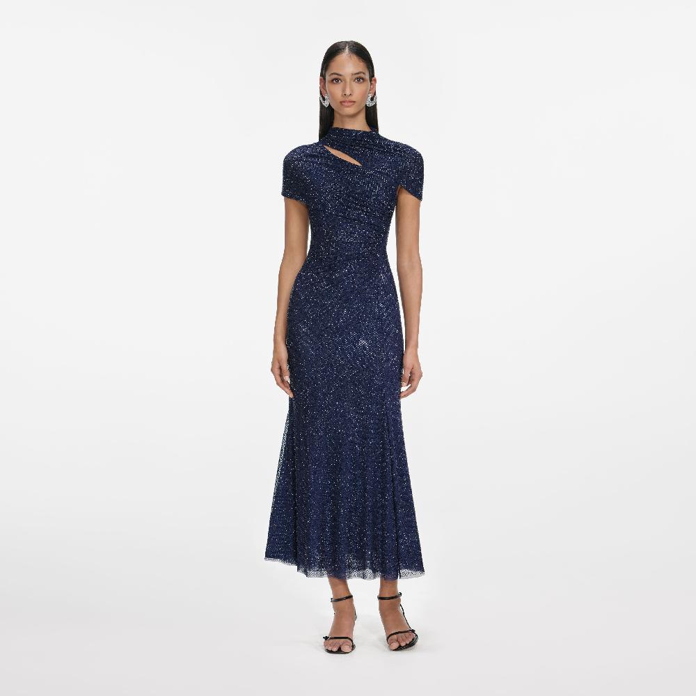 self portrait Navy Rhinestone Mesh Cut Out Midi Dress CLOTHING